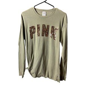 PINK Victoria Secret Women's Dark Green Long Sleeve Top